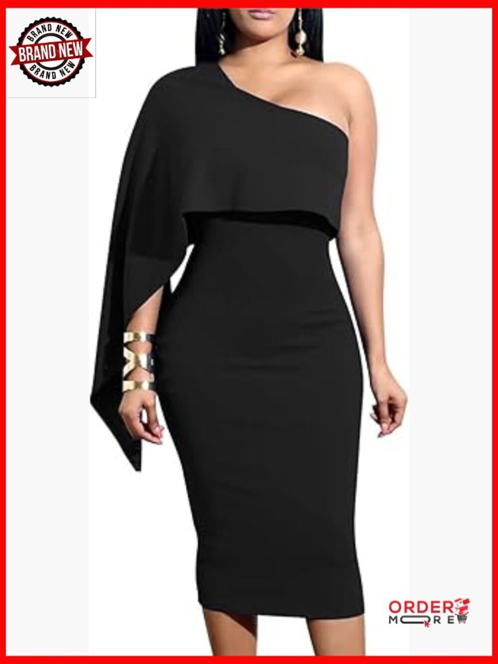 One Shoulder Cape Bodycon Party Midi Dress - Sheath Silhouette